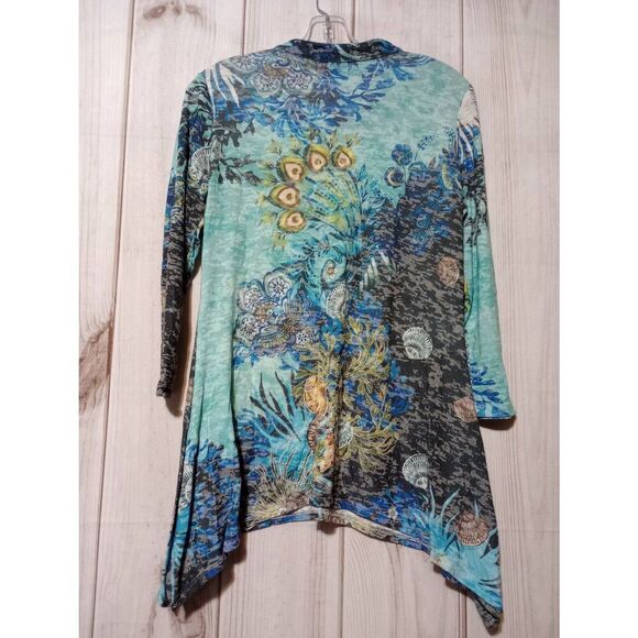 Boho Chic Shirt Ladies Small Blue 3/4 Sleeve V-NECK‎ Seashell - Picture 2 of 9